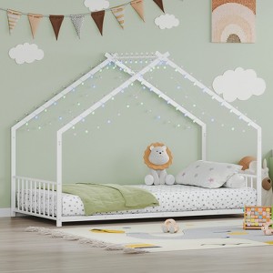 KTMBDW House Shape Twin Size Montessori Bed Metal Floor Bed with LED Light Strips Twin Bed frame for Kids No Box Spring Needed - 1 of 4