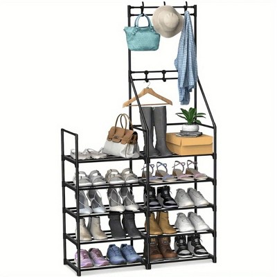 SEVOBAL 5-Tier Freestanding Coat Shoe Storage Rack for 25-30 Pairs Closet Shelf with Hooks for Hats Coats Accessories, Black, 16.93"*11.02"*4.33"