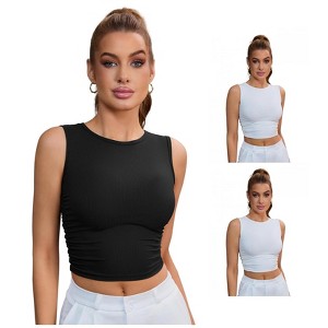 INSPIRE CHIC 3 Pcs Women's Sleeveless Ribbed Waist-Cinched Workout Tank Top with Dual Side Pleats - 1 of 4