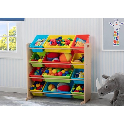 Natural Wood Kids Storage Organizer with Primary Color Bins