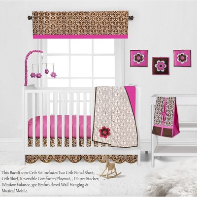 Bacati - Damask Pink Fuschia Chocolate 10 pc Crib Bedding Set with 2 Crib Fitted Sheets