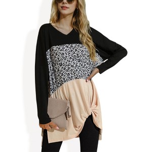 Anna-Kaci Women's Color Block Tunic Top with Leopard Print Detail - 1 of 4