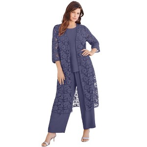 Roaman's Plus Size 3-Piece Allover Lace Duster Pant Set – Formal Wear - 1 of 4