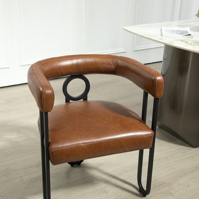 Racxily Household Mid-Century Modern PU Fabric Upholstered Barrel Dining Chairs Set of 2 for Kitchen & Living Room, Light Brown