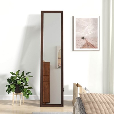 Freestanding Full Length Brown Pine Wood Rectangular Mirror