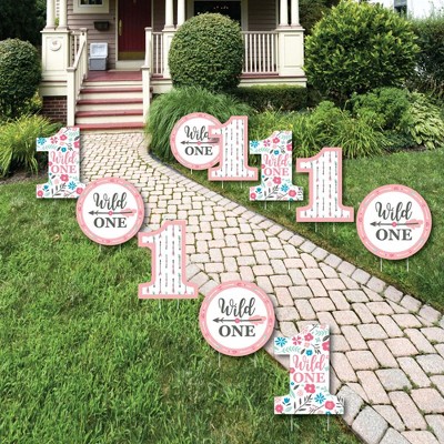 Big Dot of Happiness She's a Wild One - One Shaped Lawn Decorations - Outdoor Boho Floral 1st Birthday Party Yard Decorations - 10 Piece