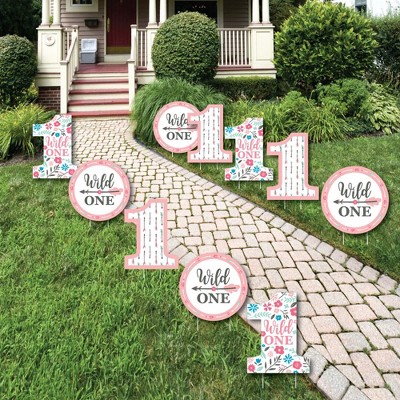 Big Dot of Happiness She's a Wild One - One Shaped Lawn Decorations - Outdoor Boho Floral 1st Birthday Party Yard Decorations - 10 Piece