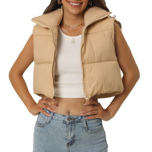 Seta T Women's High Stand Collar Lightweight Zip Puffer Crop Padded Vest  Khaki X-Large