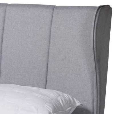 Royce Queen Walnut Wood Frame Gray Upholstered Wingback Bed