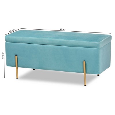 Sky Blue Velvet and Gold Metal Storage Bench