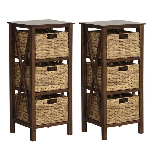 Costway 1/2 PCS 3-Tier Nightstand with 3 Seagrass Baskets Rubber Wood X-Shaped Frames 3 Drawers - image 1 of 4