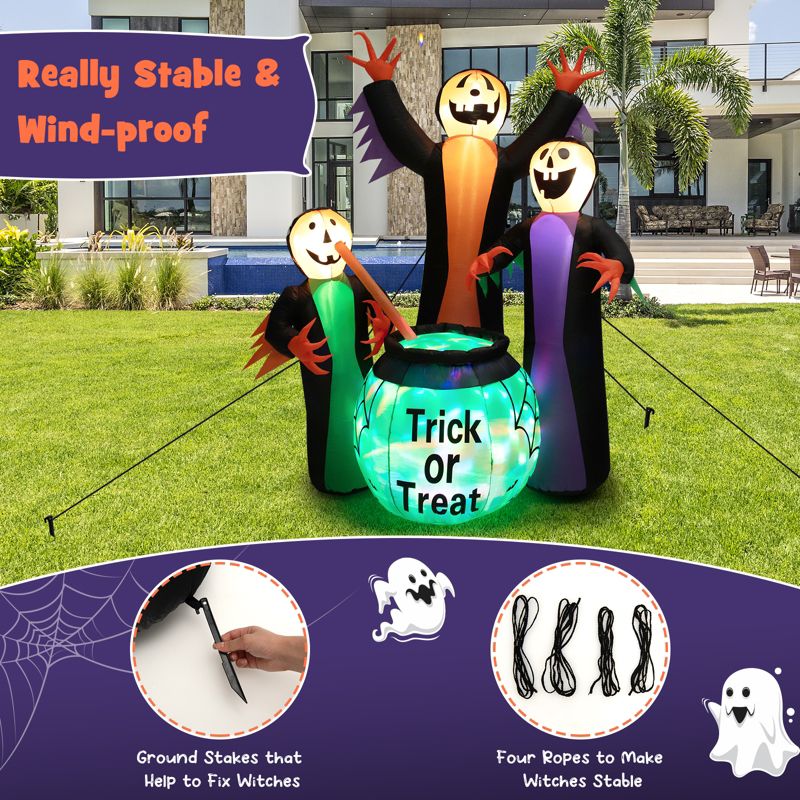 Tangkula 8 FT Tall Halloween Inflatable Three Witch & Magic Potion Pot Decoration w/ Built-in LEDs & Ropes & Stakes for Party Garden Lawn, 5 of 11