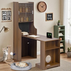 Foldable Office Desk Pet-friendly Gaming Desk with Hutch, Pegboard, Free Cat Bed & Scratching Post, Walnut - ModernLuxe - 1 of 4