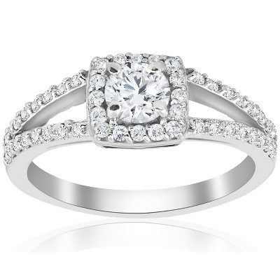 Pompeii3 7/8ct Cushion Halo Split Shank Diamond Engagement Ring 14k White Gold Solitaire