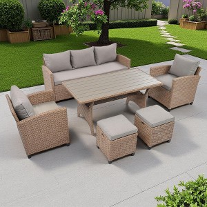 6-Piece Outdoor Patio Rattan Sofa Set with Dining Table, Chair, and Stools - 1 of 4