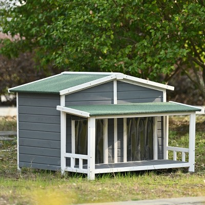 Yami 47.2" Large Wooden  Outdoor Indoor Dog House With Porch, 2 Doors-Maison Boucle
