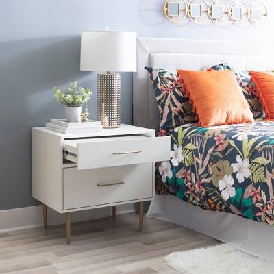 White and Gold 2-Drawer Nightstand with Sleek Design