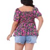 Agnes Orinda Women's Plus Size Floral Ruffle Hem Sweetheart Neck Short Sleeve Back Smocked Blouses - 4 of 4