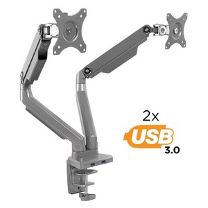 Mount-It! Height Adjustable Dual Monitor Arm Mount Desk Stand Fits Two 24 to 32 Inch with C-Clamp, Grommet and 2 x 3.0 USB Ports, VESA 75 100 Screens - 1 of 4