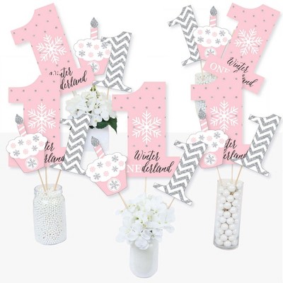 Big Dot of Happiness Pink Onederland - Snowflake Winter Wonderland First Birthday Party Centerpiece Sticks - Table Toppers - Set of 15