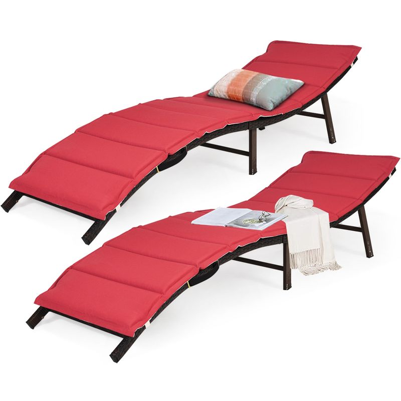Costway 2PCS Patio Rattan Folding Lounge Chair Stackable Double Sided Cushion, 1 of 11