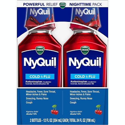 Vicks Nyquil Cold & Flu Nighttime Relief, Cherry, Twin-Pack, 2X12 Oz