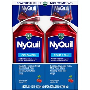Vicks Nyquil Cold & Flu Nighttime Relief, Cherry, Twin-Pack, 2X12 Oz - 1 of 4