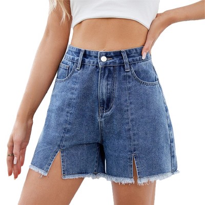 Denim Shorts for Women Highwaist Slit Shorts Womens Summer Straight Leg Slit Frayed Shorts with Fringe Boxy Denim Shorts with Pocket