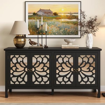 Heynemo Carved Sideboard Cabinet with Storage, 63'' Modern Buffet Cabinet with Mirrored Door and Adjustable Shelves, Accent Cabinet for Entryway