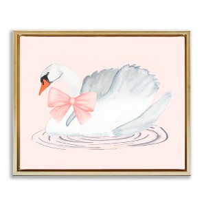 Stupell Industries White Swan with Pink Ribbon Floating Frame Canvas Art, Gold, 31" x 25" - 1 of 4