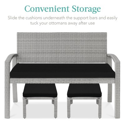 Gray and Black Wicker Outdoor Ottoman Set with Removable Cushions