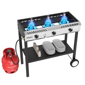 ROVSUN 3 Burner Outdoor Propane Gas Stove with Ignition, Regulator & Shelf, 225,000 BTU Powerful Stand Cooker for Backyard Patio Cooking Home Brewing - 1 of 4