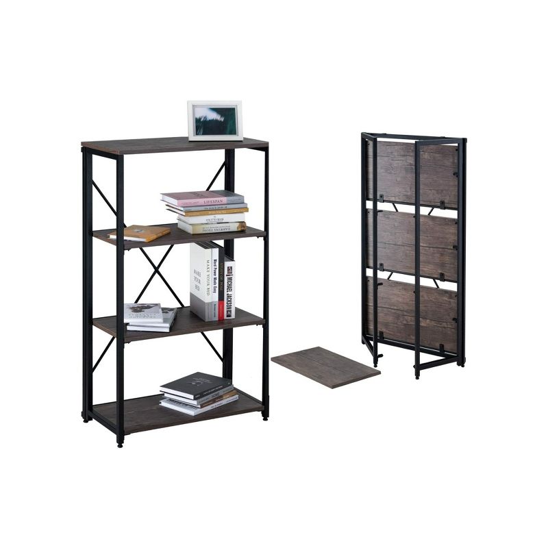 Year Color Modern Industrial Black And Antique Wood 4 Tier Large Folding Bookshelf Storage Organizer For Office, Bedroom And Living Room, 1 of 7