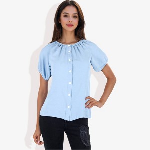 Anna-Kaci Women's Short Sleeve Button Down Blouse with Gathered Neckline Casual and Comfortable Top for Everyday Wear - 1 of 4