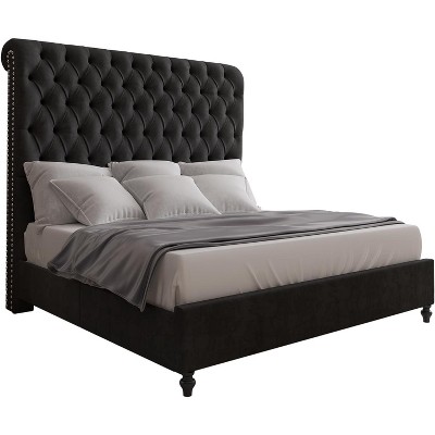 AMERLIFE King Size Bed Frame with Sleigh Headboard 60" Tall Velvet Upholstered Platform Bed, No Box Spring Needed, Black