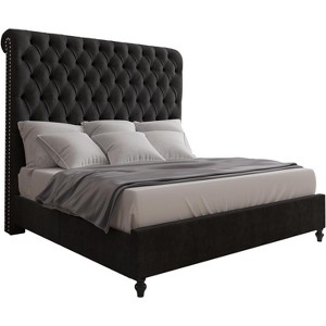 AMERLIFE King Size Bed Frame with Sleigh Headboard 60" Tall Velvet Upholstered Platform Bed, No Box Spring Needed, Black - 1 of 4