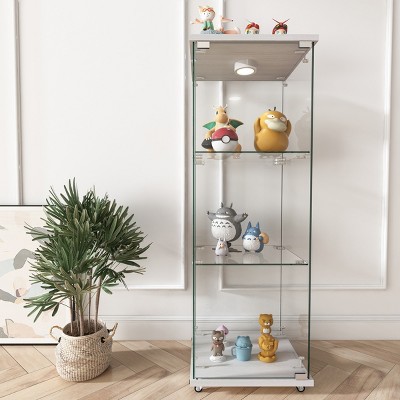 Glass Display Cabinet with Glass Doors & LED Lights, Glass Showcase with Shelves, Decorative Storage for Living Room – Cuddlewood