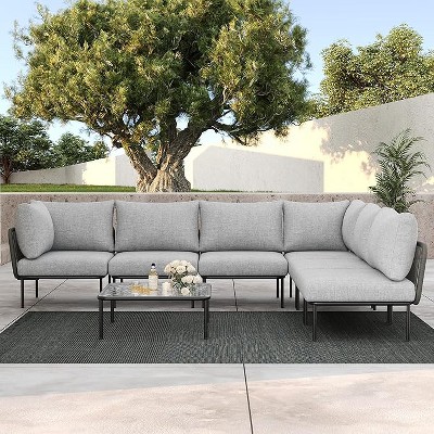 LayinSun 7 Pieces Rope Woven Patio Furniture Set, Modern Modular Sectional Sofa with Coffee Table and Upgrade Thickness Cushion