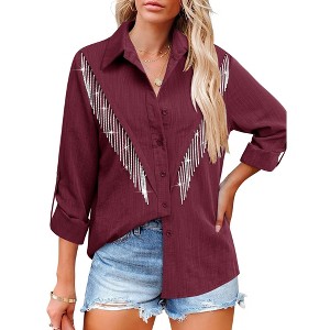 Nlife Womens Rhinestone Fringe Shirt Top Western Cowgirl Cowboy Rodeo Sparkly Tassel Long Sleeve Button Down Shirts Nashville Country Concert Outfit - 1 of 4