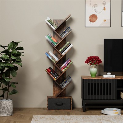 YONWAY Industrial Freestanding Open Display Shelving, Vintage Open Bookcase, Book Storage for Bedroom, Living Room, Home Office, Rustic Brown