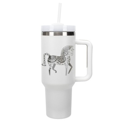 Elanze Designs 40 Ounce Travel Tumbler With Straw and Lid Stainless Steel Double Wall Insulated Majestic Floral Horse White