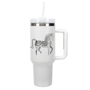 Elanze Designs 40 Ounce Travel Tumbler With Straw and Lid Stainless Steel Double Wall Insulated Majestic Floral Horse White - 1 of 4