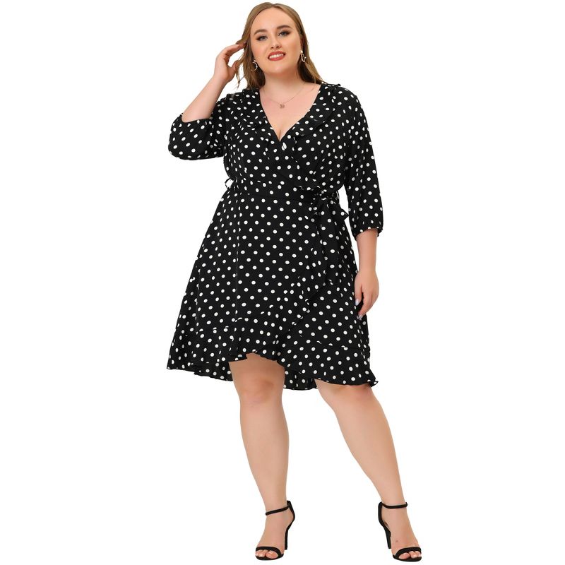 Agnes Orinda Women's Plus Size Polka Dots Elegant  3/4 Sleeve Ruffle Dress, 3 of 6