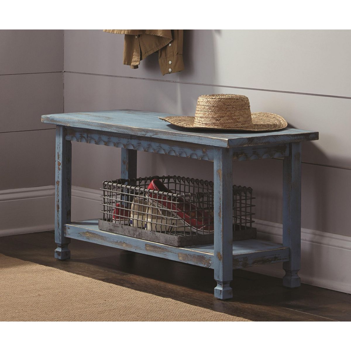Alaterre Furniture Rustic Cottage Bench with Shelf, Blue Antique, Solid Wood, Perfect for Accent & Occasional Furniture, Farmhouse Barn - thumbnail 2