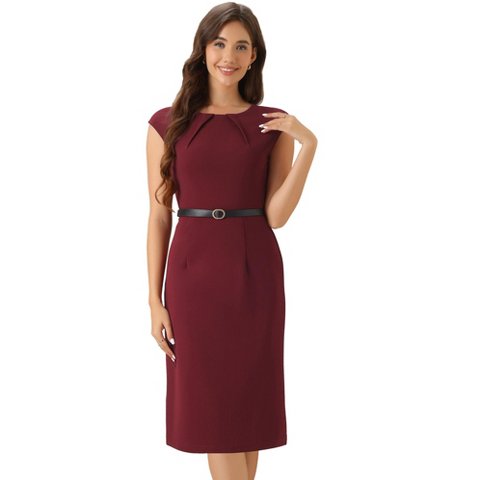 Женские платья INSPIRE CHIC Women's Elegant Business Round Neck Belted Cap Sleeve Work Sheath Dresses Small Burgundy