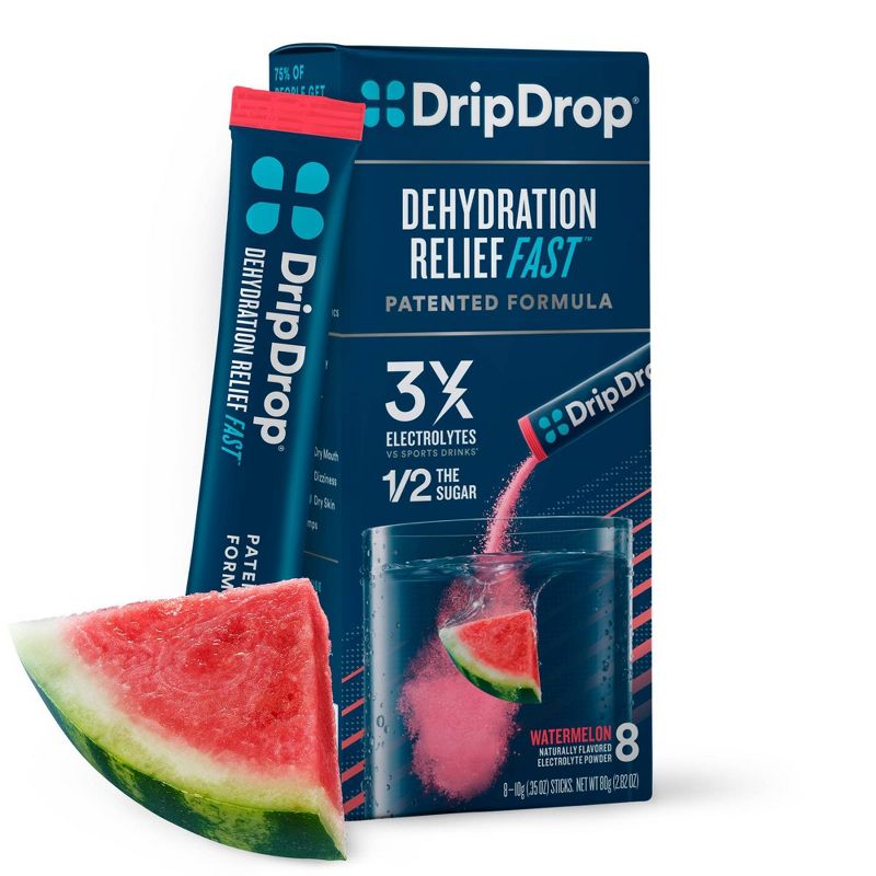 DripDrop Electrolyte Vegan Powder for Dehydration Relief - Watermelon - 8ct, 1 of 9