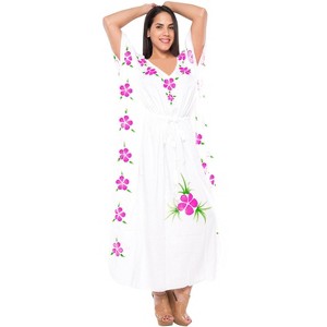 HAPPY BAY Women's House Daily Routine Evening Wear Vacation Holiday Casual Loungewear Oversize Caftan Maxi Boho Nightwear for Women 2X-3X White, Leaf - 1 of 4