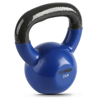 HolaHatha 15 Pound Solid Cast Iron Workout Kettlebell Home Gym Equipment with Vinyl Coated Finish and Textured Steel Handle for Strength Training