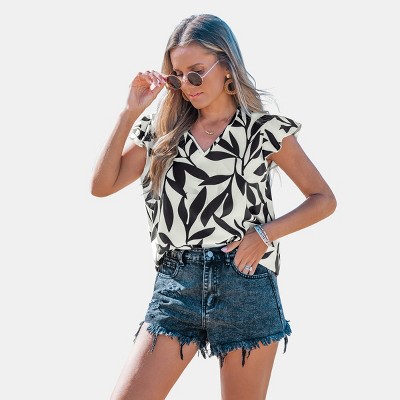 Women's Leaf Print Shirt Ruffle Sleeve Top - Cupshe