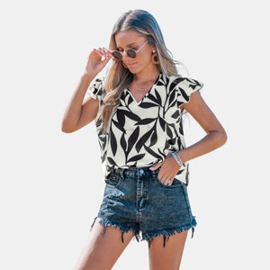 Women's Leaf Print Shirt Ruffle Sleeve Top - Cupshe - 1 of 4
